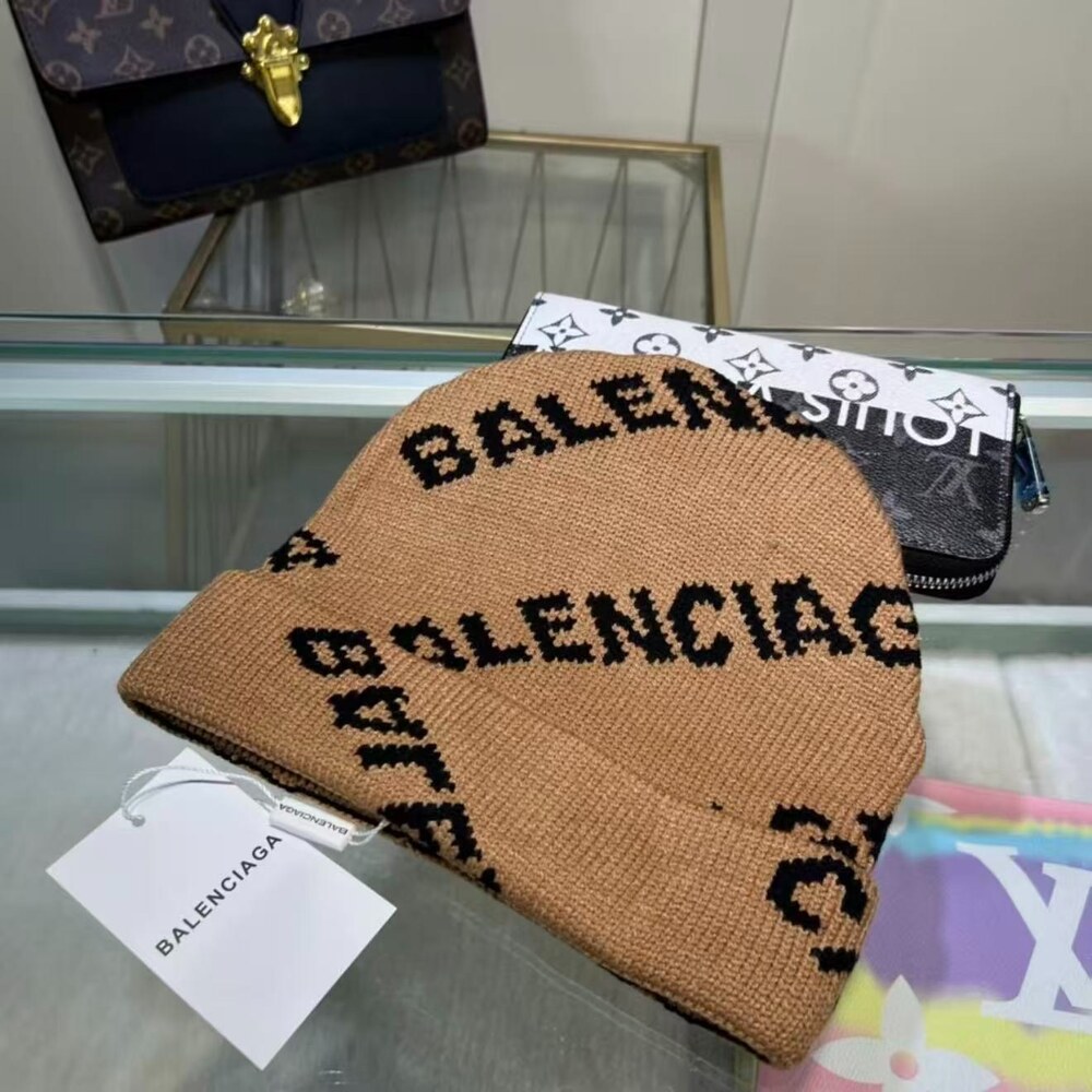 Balenciaga All-Over Logo Knit Beanie in Camel - Picture 4 of 4